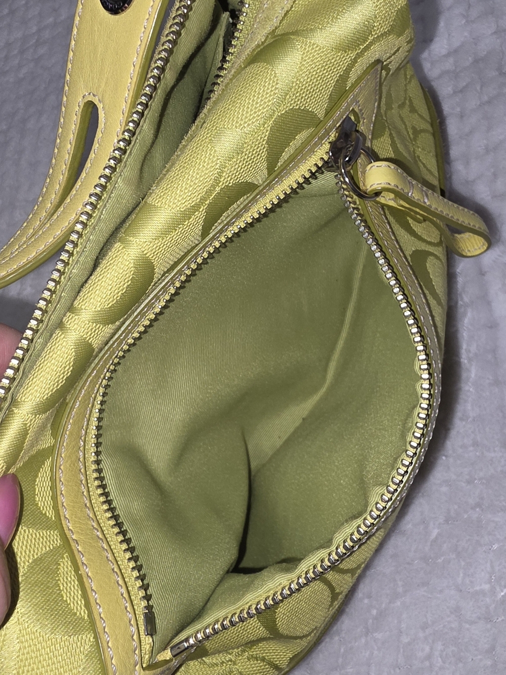 Coach Signature Jacquard Shoulder Bag in Chartreuse with Tassel - Picture 12 of 13